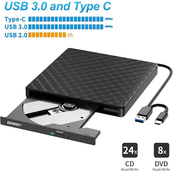 Eksternt CD DVD-drev til bærbar computer, USB 3.0 CD-drev til pc Windows 11/10/8.1/7, USB C DVD-brænder til Windows Linux Mac