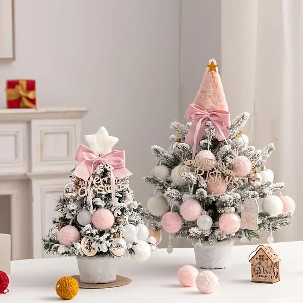 Bordsjulgran flockad rosa set julgransprydnader present julgransdekoration