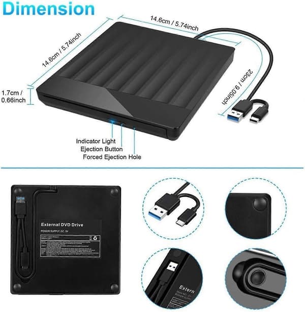 Dvd-afspiller Ekstern DVD-brænder USB 3.0 TypeC PC Universal CD/DVD-læser/-skriver