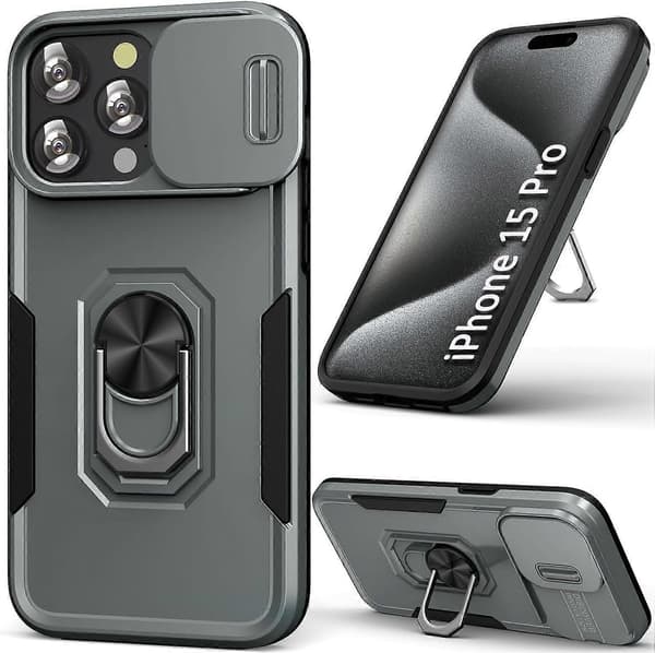 Telefonfodral för iPhone 15 Pro, iPhone 15 Pro Telefonfodral Grön med Ringstativ, med Glidande Linslock, Robust för iPhone 15 Pro 6.1'' Grå