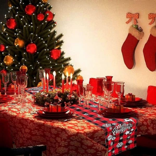 Bordløper i bomulls-lin til jul, Klassisk festlig spisedekorasjon M2