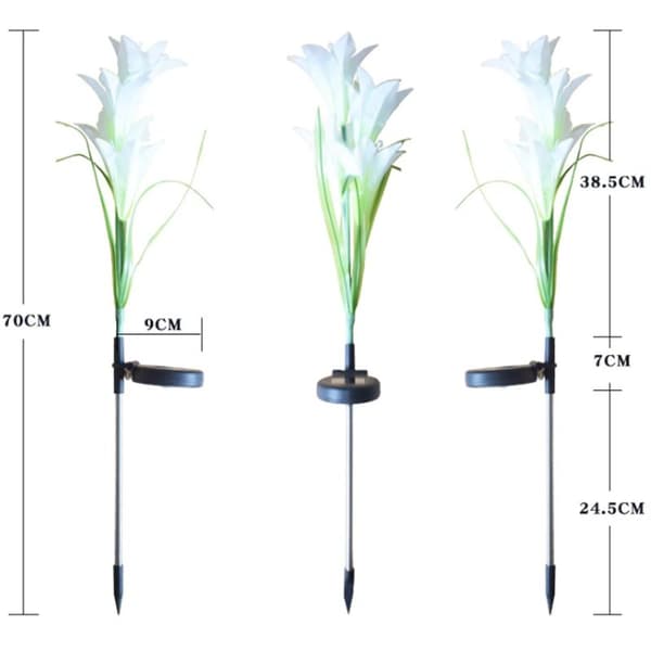 Solarhagelys, 3 liljesolcellelys med større blomst og bredere solcellepanel (lilla)