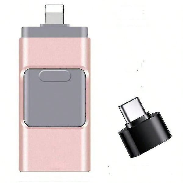 4-i-1 USB-flashdrev, hukommelseskort til iPhone, iPad, pc, iOS og Android (128 GB, pink) Pink 64GB