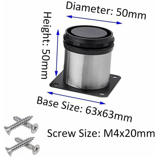 4x møbelfødder, justerbare møbelfødder - forkromet metal - højdejusterbar (total: 50mm)