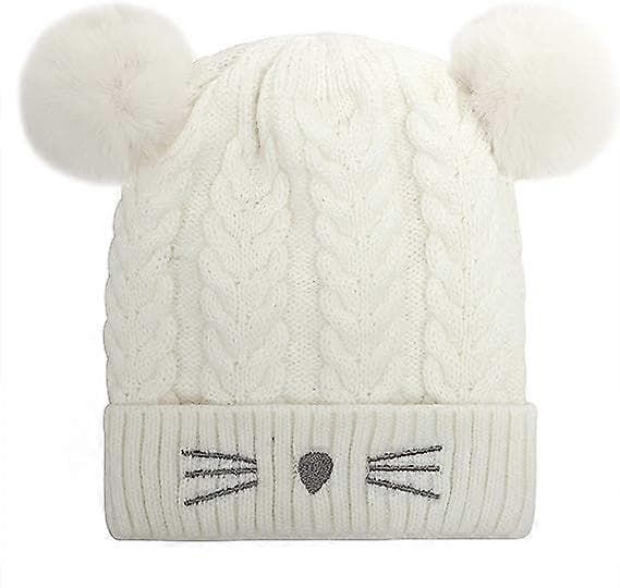 Stickad Katt-Vinterbollmössa för Småbarn, Beanie, Broderad, Varm, Bomullsull, Barnmössa