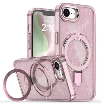 iPhone 16e/17e Glitter Hybridskal med kickstand - MagSafe-... Rosa