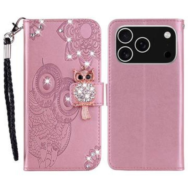 iPhone 17 Pro Max Plånboksfodral med uggla och strass - Ros... roseguld