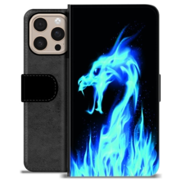 iPhone 16 Pro Max Premium Plånboksfodral - Blå Elddrake Animerad