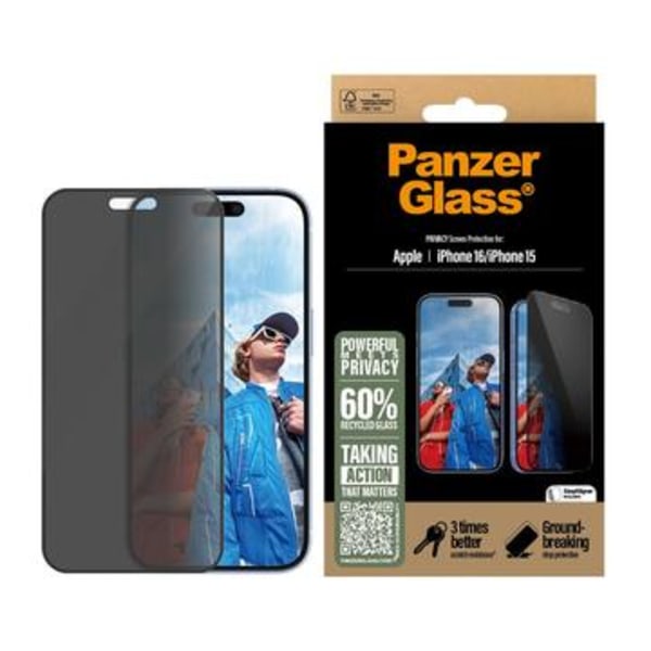 iPhone 16/15 PanzerGlass Ultra-Wide Fit Privacy EasyAligner... Svart