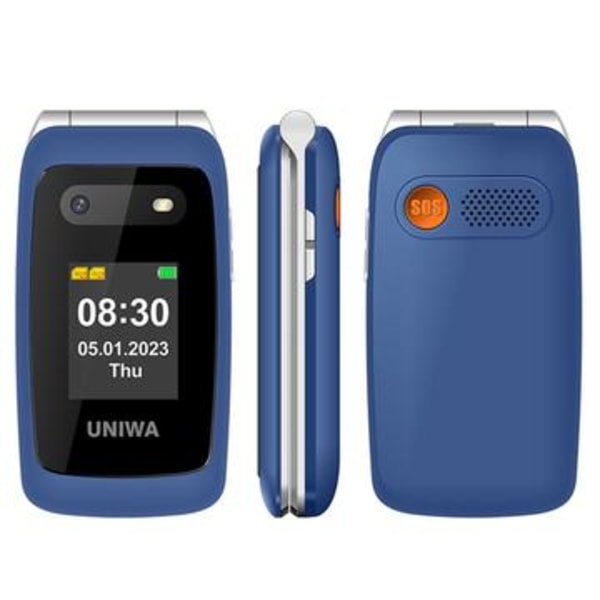 UNIWA V202T 4G Flip Mobiltelefon för äldre - Danska, Finska... Blå