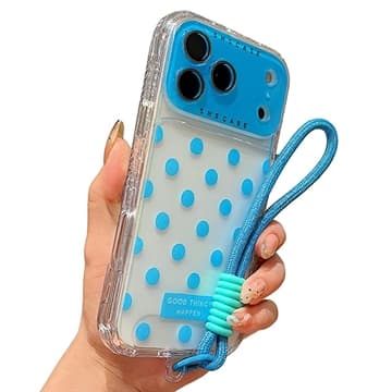 iPhone 17 Pro PC / TPU-skal med linsfilm och rem - Polka Dot... Blå