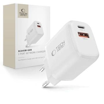 Tech-Protect NCA45W-GAN 2-portars laddare 45W - USB-C/USB-A... Vit