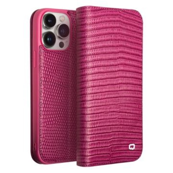 Qialino iPhone 15 Pro Max Plånboksfodral i Läder - Krokodil... Rosa