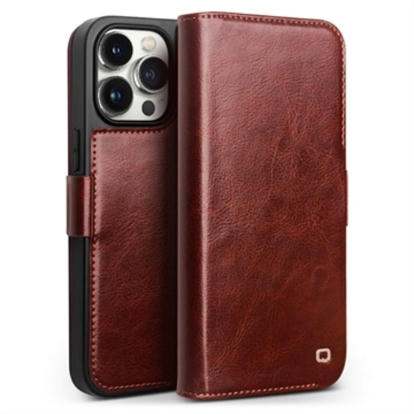 iPhone 15 Pro Qialino Classic Läder Plånboksfodral - Mörkbrun Brun