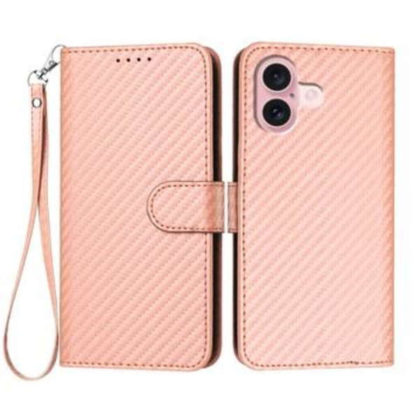iPhone 16 Premium plånboksfodral med rem - kolfiberstruktur... Rosa