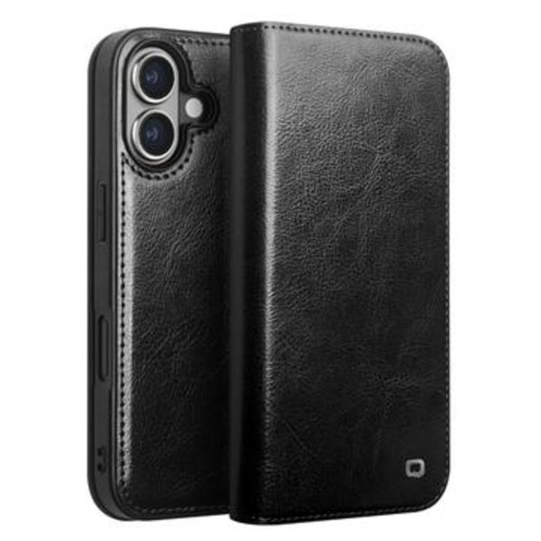 iPhone 16 Qialino Classic Läder Plånboksfodral - Svart Svart