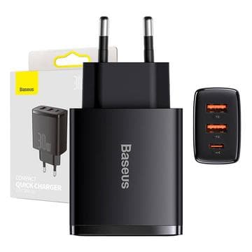 Baseus Compact snabbladdare 30W - USB-C PD, 2xUSB - Svart Svart
