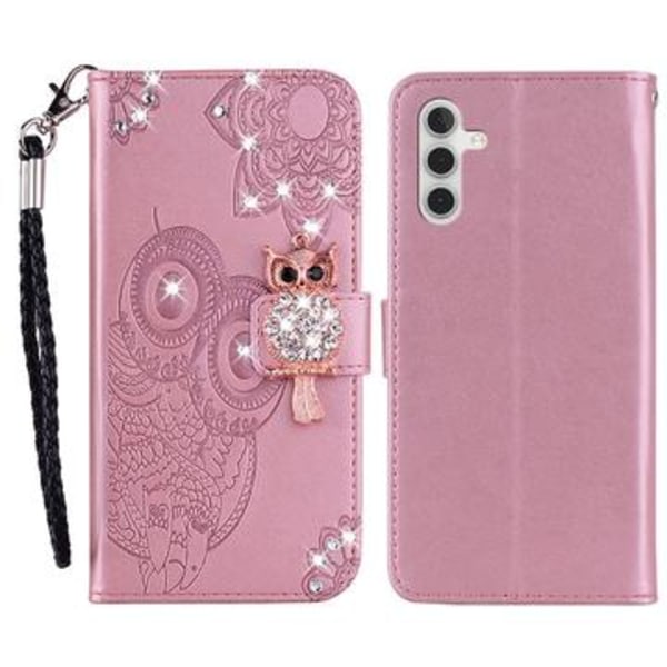 Samsung Galaxy A15 Plånboksfodral med uggla och strass -... roseguld
