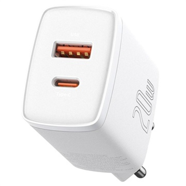 Baseus Compact Väggladdare 20W - USB-C PD3.0, USB QC3.0 - Vit Gul
