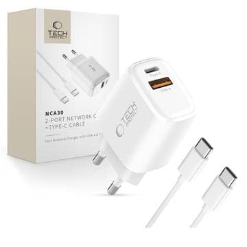 Tech-Protect NCA30 Dual-Port PD 30W/QC3.0-laddare med USB-C-... Vit