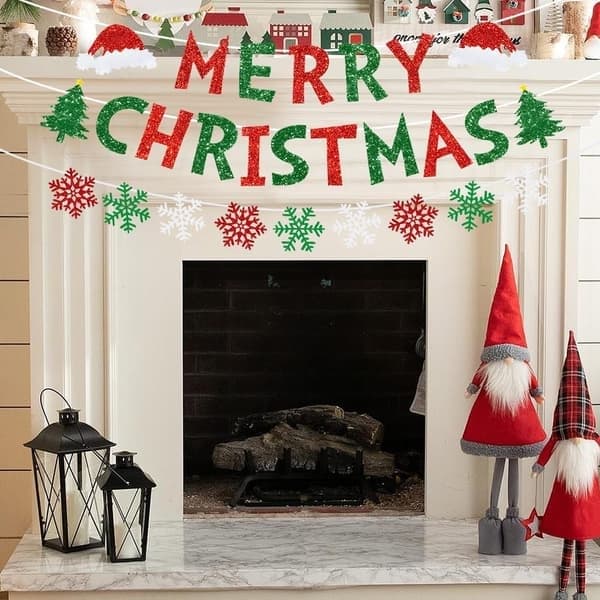 God Jul Banner Rød Grønn Glitter Snøfnugg 1
