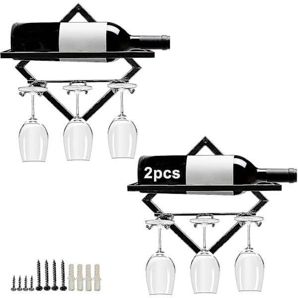 2 stk. Veggmontert Vinstativ for Vin og Glass med 3 Glassholdere for Hjemmekjøkken Bar Dekor (svart) fw