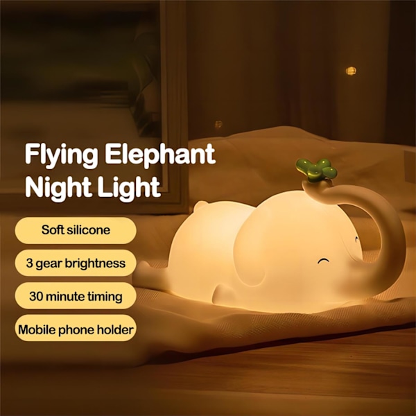 Sød Elefant Silikone Natlampe LED Nyhedslampe 3 Niveauer Dæmpbar Børneværelse Natlampe USB Genopladelig Timer Sovelampe til Børn Indretning