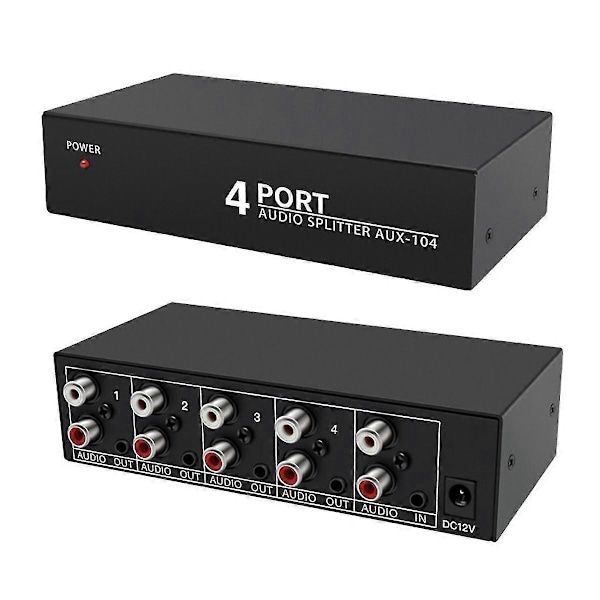 Audio Splitter 1 Inn 4 Ut RCA L/R Aux Stereo Audio Splitter 1x4 Audio Distributor For PC DVD Høytaler Splitter, EU-kontakt