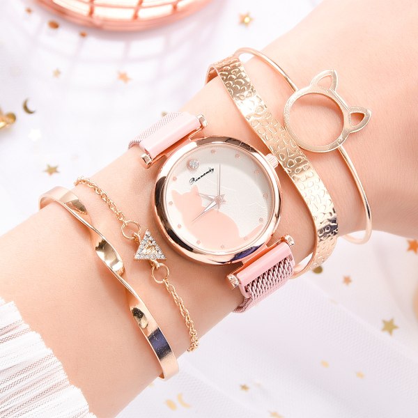 stk. kat armbåndsur sæt quartz ur dameur (pink) (W)
