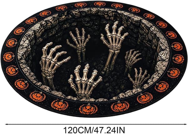 Optisk illusions tæppe: Skridsikkert, rundt og blødt tæppe med Halloween-tema, ideelt til hoveddøre. (W)
