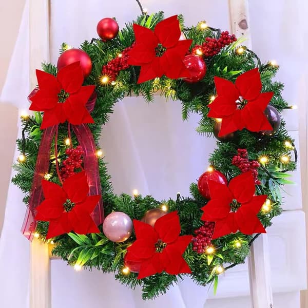 Kunstige juleblomster med clips og glitter (22 cm, 50 stk.)