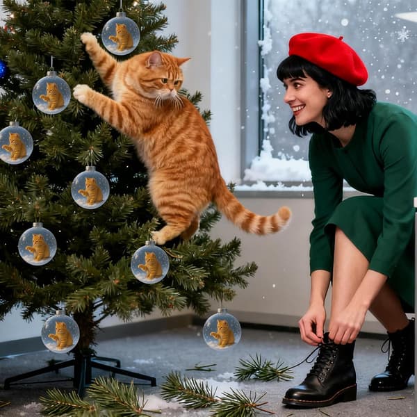 Kattungeformede julekuler, katteformede ornamenter til juletrær, egnet for vinduer, vegger og peiser. (W)