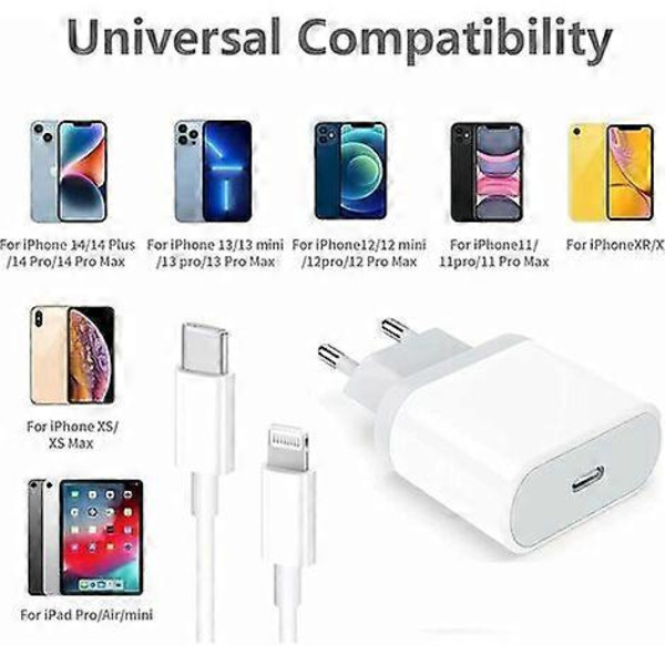 iPhone Snabbladdare USB-C - 20W PD Snabbladdare med 2m USB-C till Lightning-kabel, kompatibel med iPhone 14 [fw]