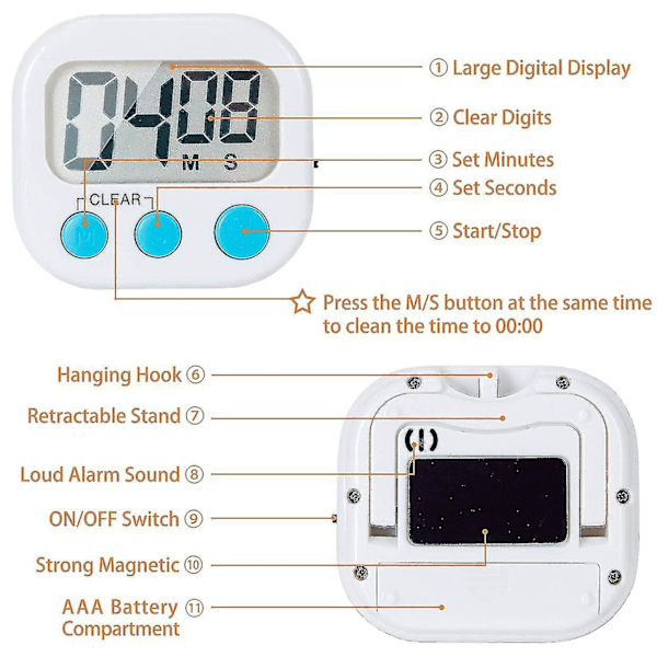 12-pack digital kökstimer med på/av-knapp, högt alarm [FW]