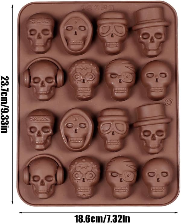 Dödskalleformade bakformar, 3D Halloween gotisk stil, 16 hålrum, non-stick, för godis (W)