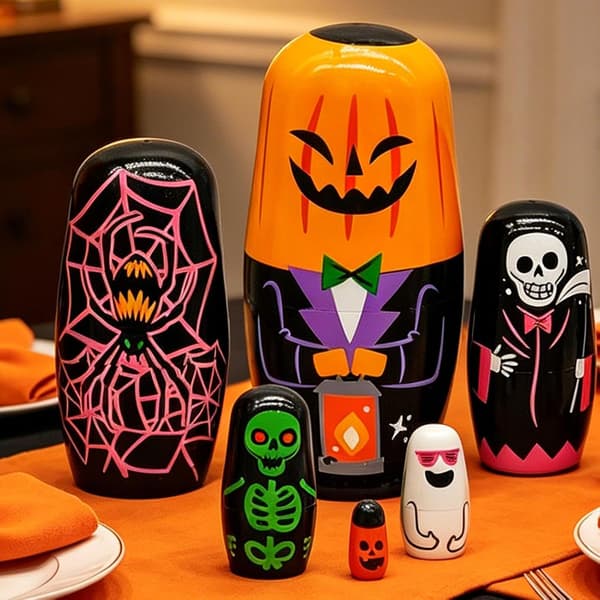6-lags græskarformede russiske \"nesting dolls\" til Halloween, træstablelegetøj (W)