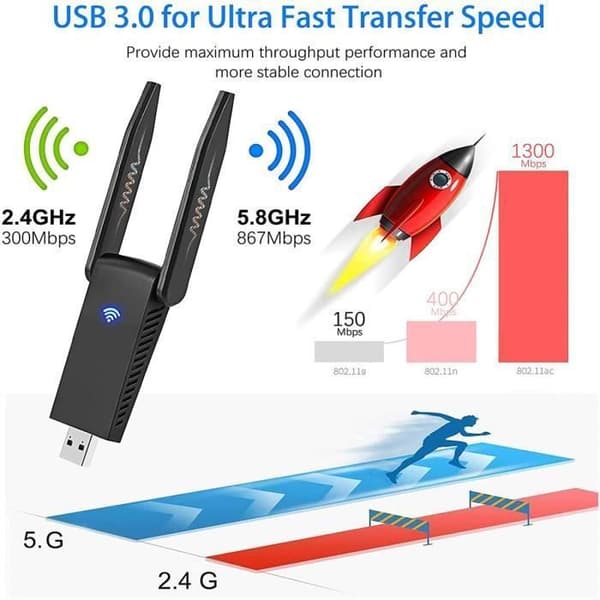 USB WiFi-nøkkel - Leytn® - 1300 Mbps - 5dBi antenne - USB 3.0 - Kompatibel med Windows/Mac/Linux (Fww)