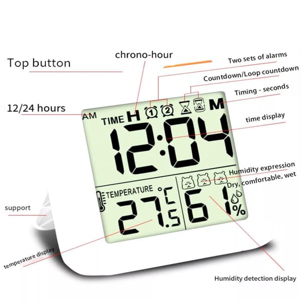 Digital dusjklokke med alarm, termometer og hygrometer