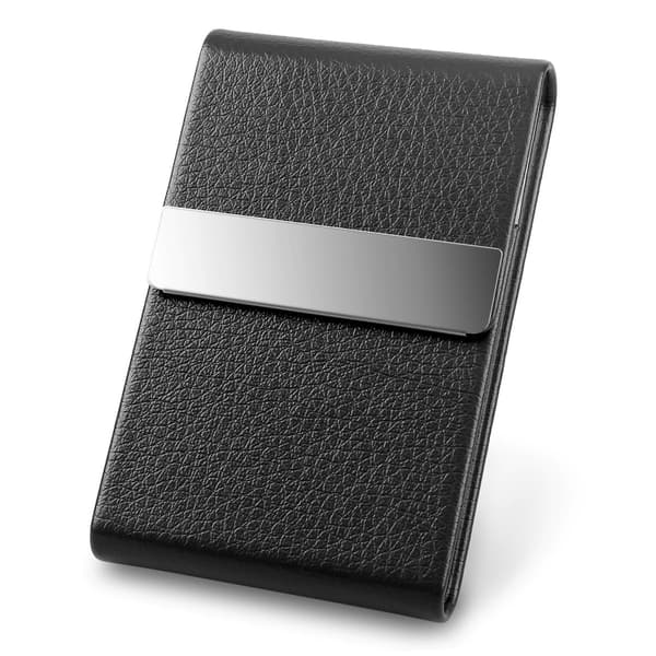 Sort PU Læder Slank Metal Kort Holder med Magnetisk Lukning