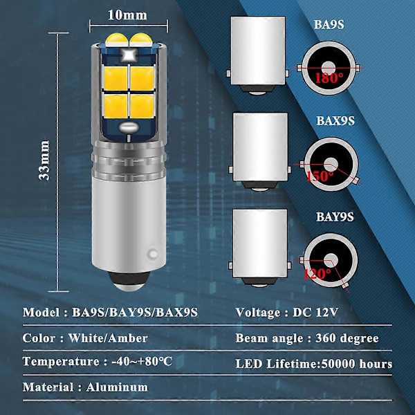 2 st T4W BA9S LED-lampa BAX9S H21W BAY9S LED H6W H5W Super Bright LED för bakre dimljus registreringsskylt parkering backlampa BAX9S White