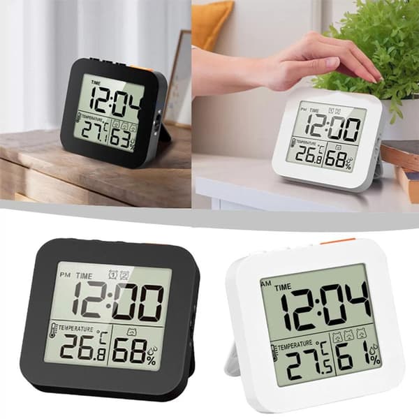 Digital dusjklokke med alarm, termometer og hygrometer