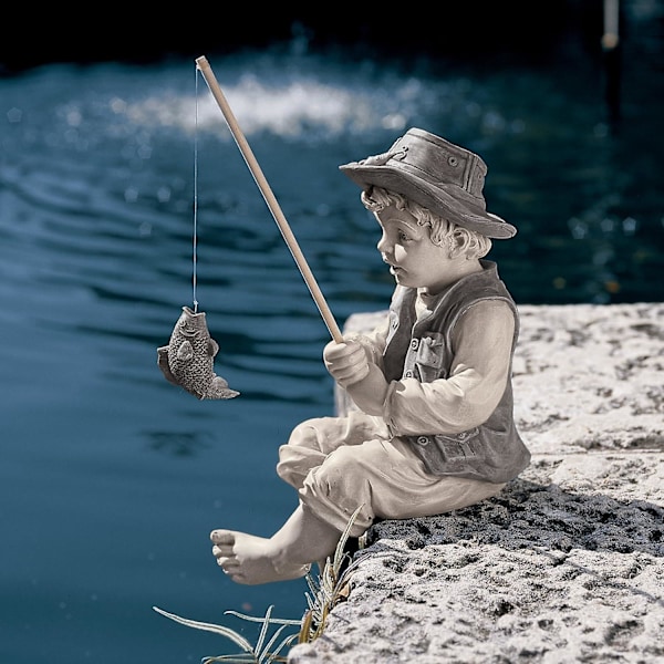 Frederic The Little Fisherman of Avignon Boy Fishing Garden Statue, two tone stone