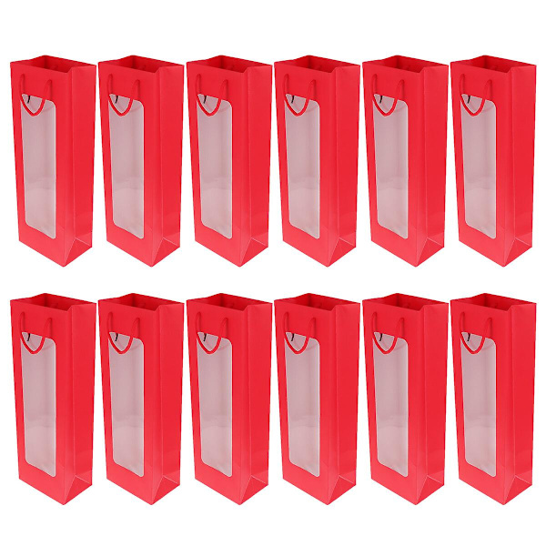 12 stk. Enkelt Rødvinpose Gavepose Kraftpapir Vinbærepose Bærbar Emballagepose Transparent Vindue Vinbæreposer (rød) [DB] Red 12.5X8.5cm