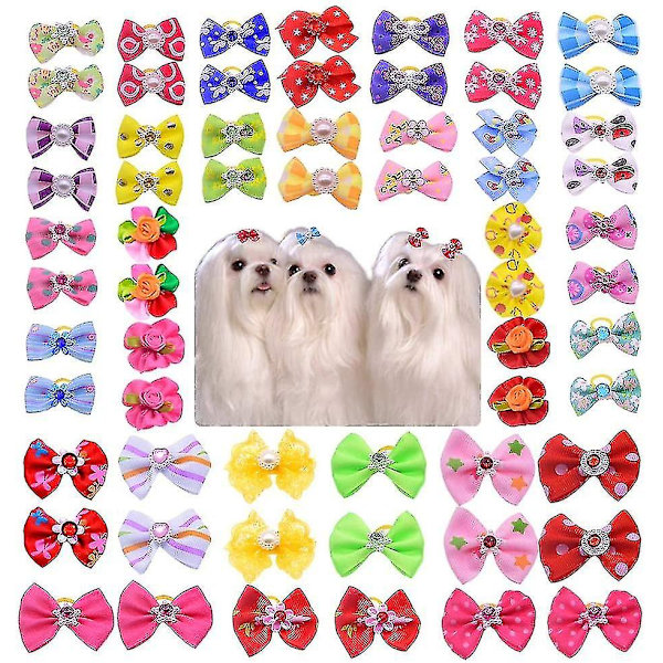 50 st/förpackning Hundhår Bågar Par Rhinestone Pärlor Blommor Topknot Mix Styles Hund Bågar Husdjur Grooming Produkter Mix Färger [FW]