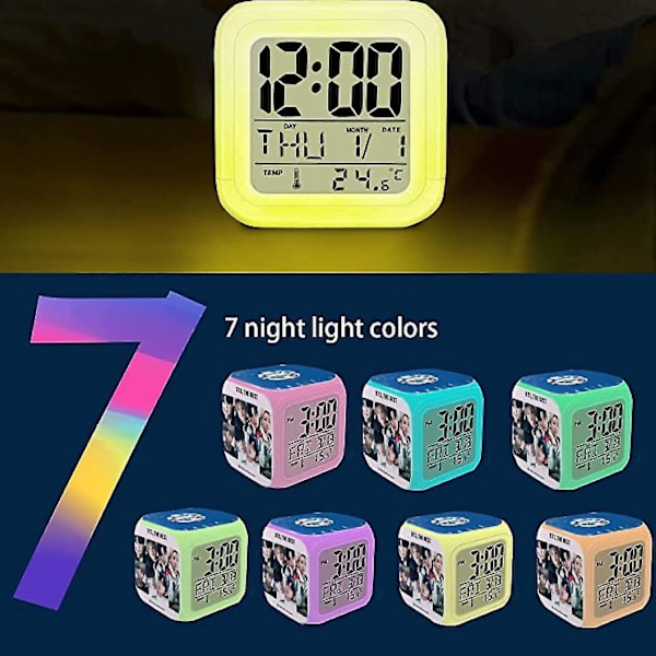 LED Digital Väckarklocka för Sovrum, Enkel Inställning, Kubform, Väckerklockor med 4-sidigt BTS-Mjukt Nattljus, Stor Display, Färgat Nattljus, Klocka 25