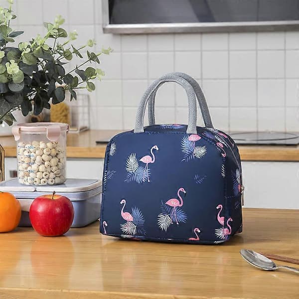 Isolerad matlåda med marinblå flamingodesign, tjockt aluminiumfoliefoder, rymmer ris och mer