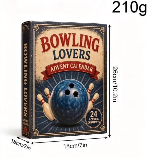 Julekalender 2026 – 2D akrylpynt med bowlingtema, 24-dages kalender. (W)