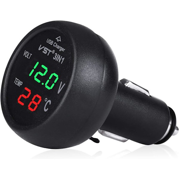 12-24 V biloplader stik med USB-port/voltmeter/termometer til biler (grøn + rød)