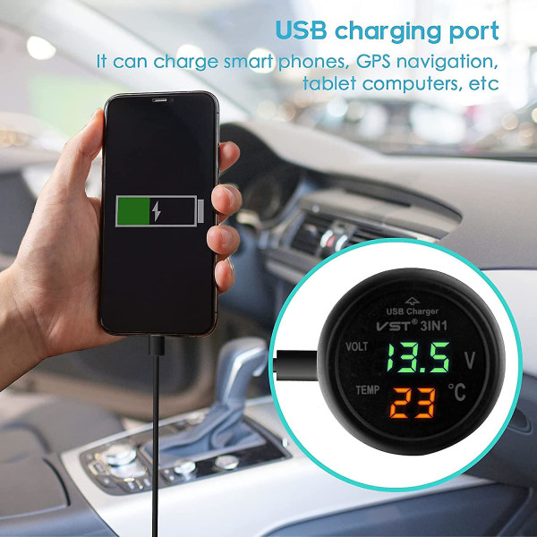 2024 Bil Voltmeter, 3 i 1 12-24v Bil Termometer Bil USB Oplader Voltmeter Med LCD Digital Display Pane fw