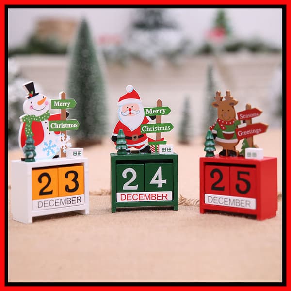 Skrivbordsdekoration i trä med minikalender med tomte och snögubbe